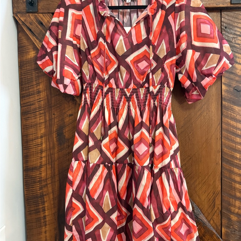 NWT THML Geometric Midi Dress in Red and Pink
